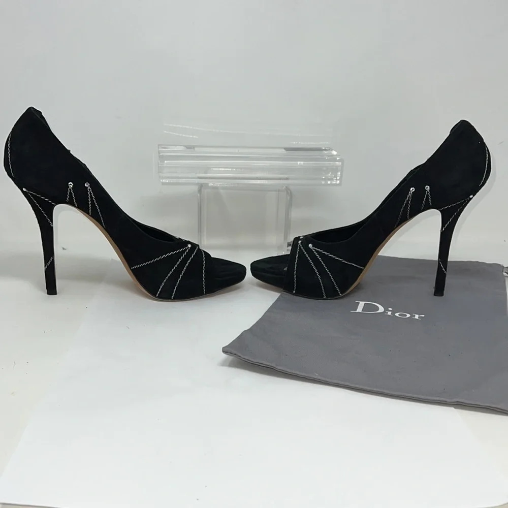 Dior Sz 39.5 Suede Embroidered Folles Peep Toe Pumps Heels